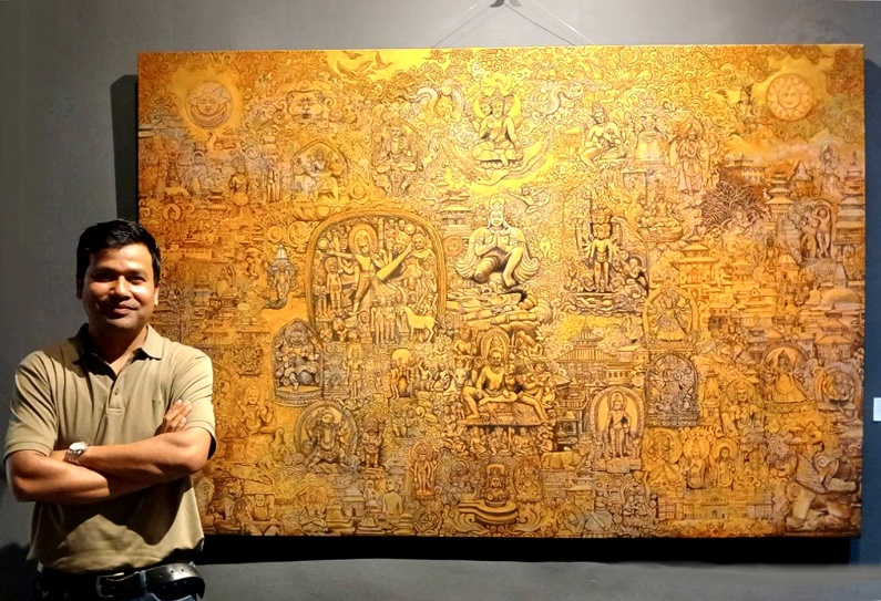 Artist Alongside his notable artwork 'Infinite Divinity' during the exhibition Deities of Nepal III at Nepal Art Council